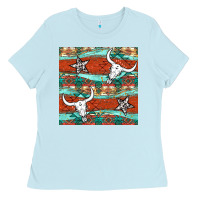 Baby Blue western aztec bull skull stars seamless pattern Ladies Tee - BundleAndBundleShop