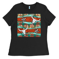Western Aztec Bull Skull Stars Seamless Pattern Ladies Tee | Teevron