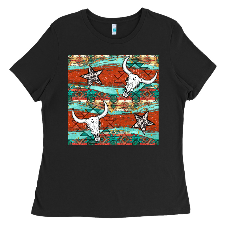 Western Aztec Bull Skull Stars Seamless Pattern Ladies Tee by BundleAndBundleShop | Teevron
