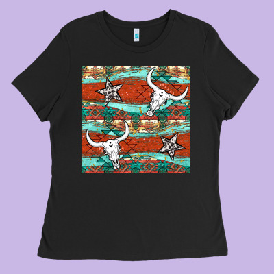 Western Aztec Bull Skull Stars Seamless Pattern Ladies Tee Designed By Bundleandbundleshop