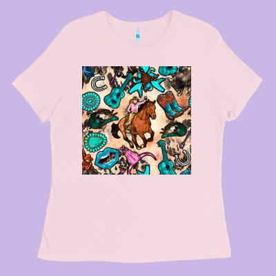 Western Cowgirl Seamless Pattern Ladies Tee Designed By Bundleandbundleshop