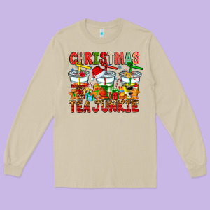 Christmas Tea Junkie Long Sleeve Tee Designed By Cowhidedigitalart