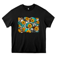 Black cowhide  turquoise sunflowers pattern olivia Heavy Core Tee - OliviaCreatesArt