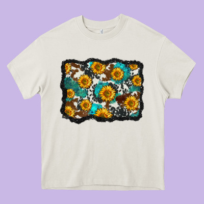Cowhide  Turquoise Sunflowers Pattern Olivia Heavy Core Tee Designed By Oliviacreatesart