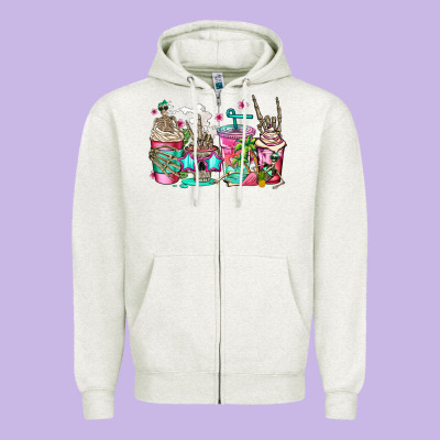 Skeleton Summer Coffee Cups Zipper Hoodie Designed By Jasminsmagicworld