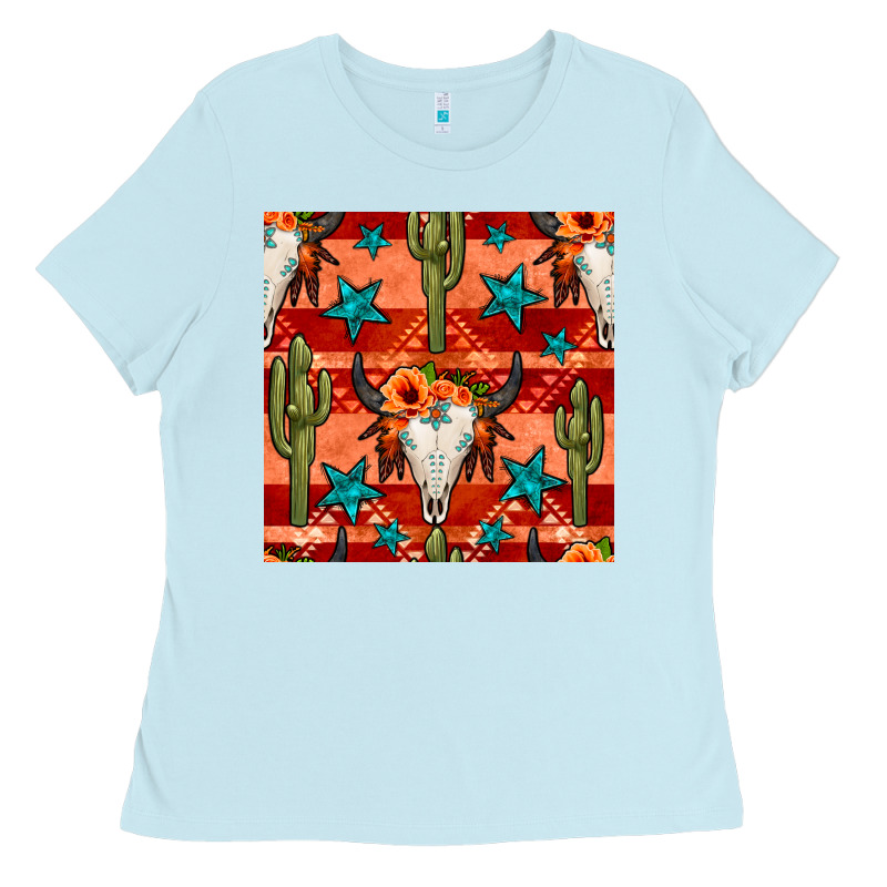 Bull Skull Cactus Seamless Pattern Ladies Tee by BundleAndBundleShop | Teevron