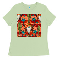 Matcha bull skull cactus seamless pattern Ladies Tee - BundleAndBundleShop