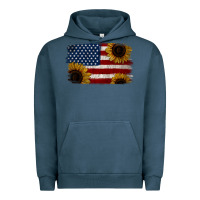 Pigment Midnight Navy Distressed Yellow Sunflower American Flag Urban Hoodie - Jasminsmagicworld