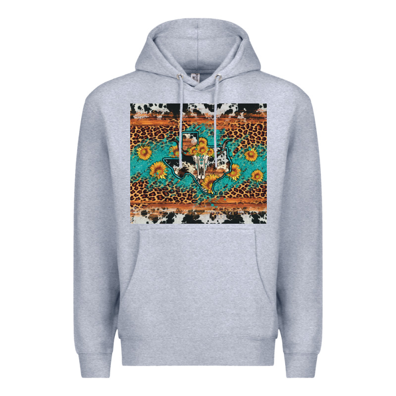 Bull Skull Texas Map Sunflower Leopard Cowhide Premium Hoodie by Artiststas | Teevron