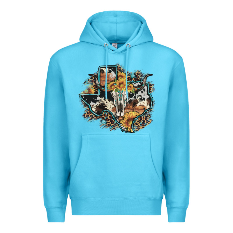 Bull Skull Leopard Cowhide Sunflower Texas Map Premium Hoodie by Artiststas | Teevron
