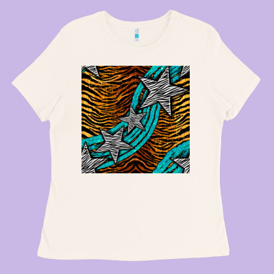 Tiger Turquoise Glitter And Stars Seamless Pattern Ladies Tee Designed By Bundleandbundleshop