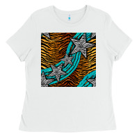 White tiger turquoise glitter and stars seamless pattern Ladies Tee - BundleAndBundleShop