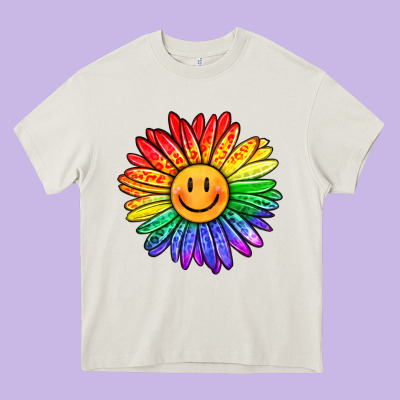 Rainbow Smiley Face Sunflower Heavy Core Tee Designed By Oliviacreatesart