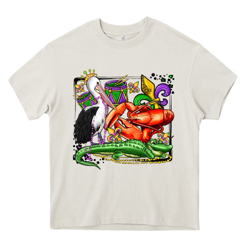Mardi Gras Pelican Crawfish Crocodile Heavy Core Tee by OliviaCreatesArt | Teevron