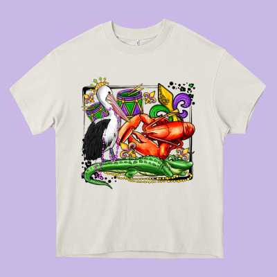 Mardi Gras Pelican Crawfish Crocodile Heavy Core Tee Designed By Oliviacreatesart
