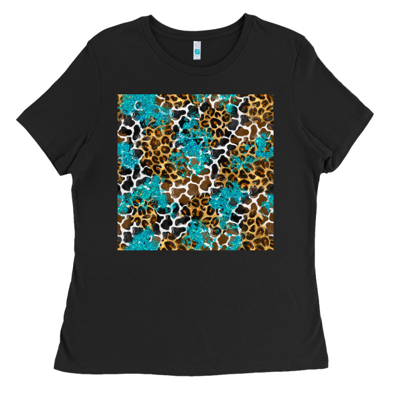 Turquoise Glitter Cowhide Leopard Seamless Pattern Ladies Tee by BundleAndBundleShop | Teevron