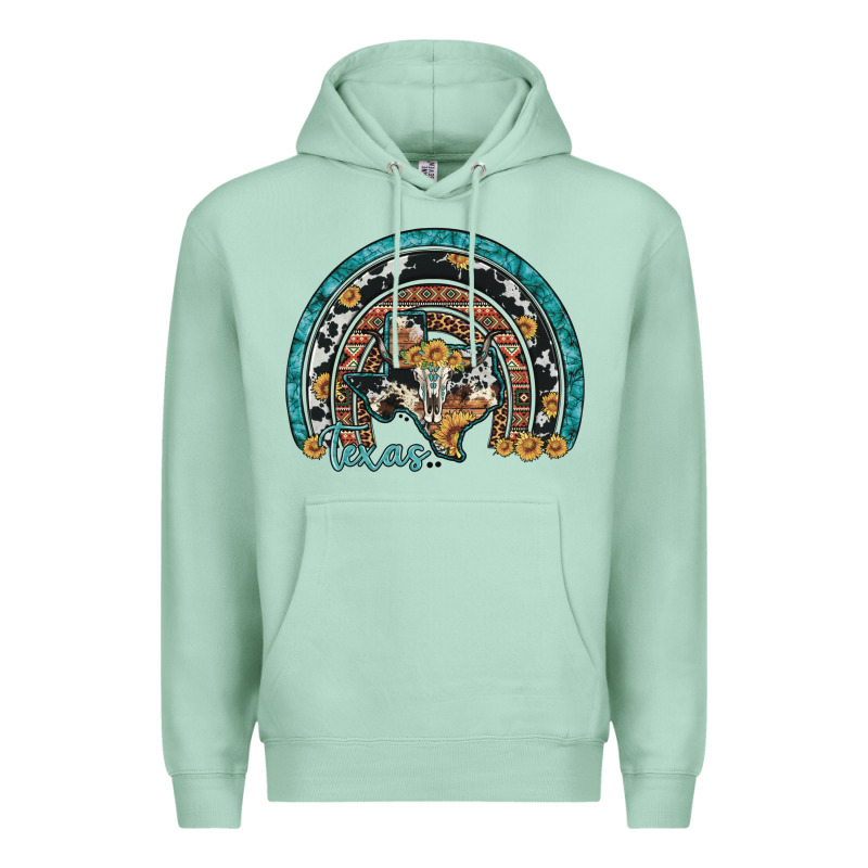 Texas Map Sunflower Leopard Cowhide Aztec Turquoise Gemstone Rainbow Premium Hoodie by Artiststas | Teevron