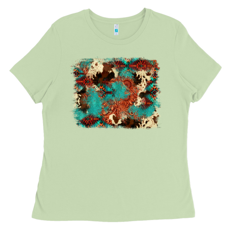 Aztec Turquoise Glitter Cowhide  Tooled Leather Ba Ladies Tee by FaDigitalArtStudio | Teevron