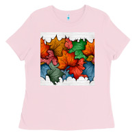 Bubblegum Pink autumn  leaves seamless pattern Ladies Tee - BundleAndBundleShop