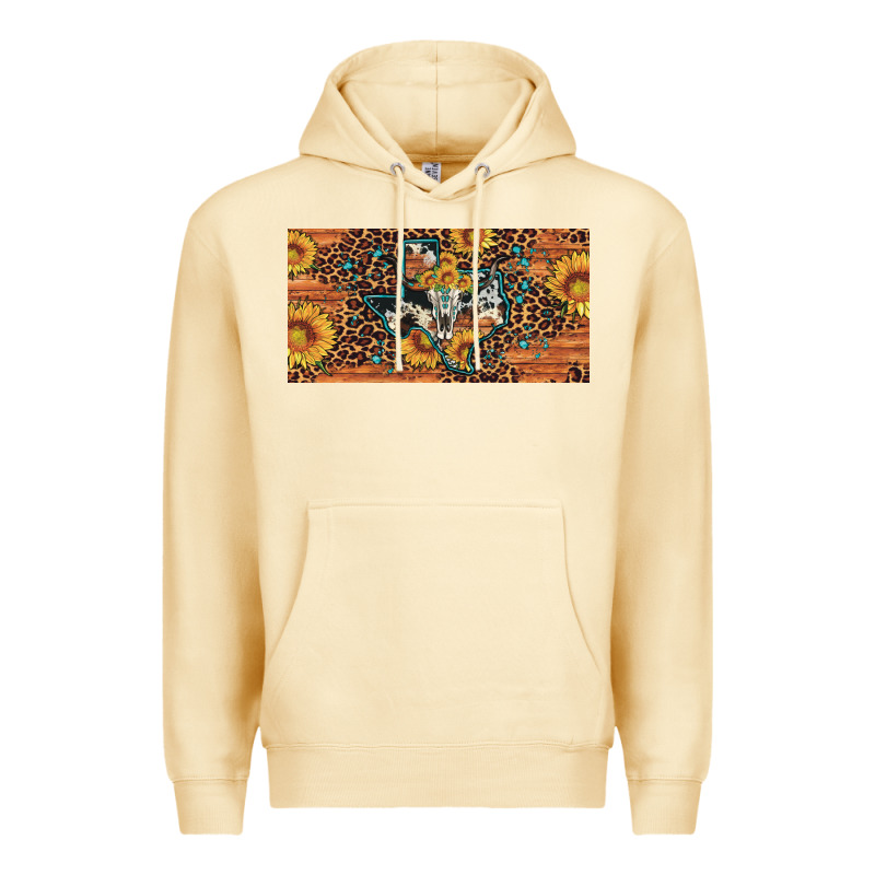 Texas Map Bull Skull Sunflower Leopard Licence Plate Premium Hoodie by Artiststas | Teevron