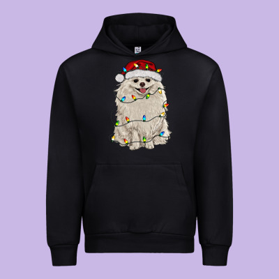 White Pomeranian With Christmas Lights Urban Hoodie Designed By Ranaportraitstore
