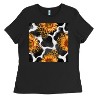 Black cowhide leopard sunflower seamless pattern Ladies Tee - BundleAndBundleShop