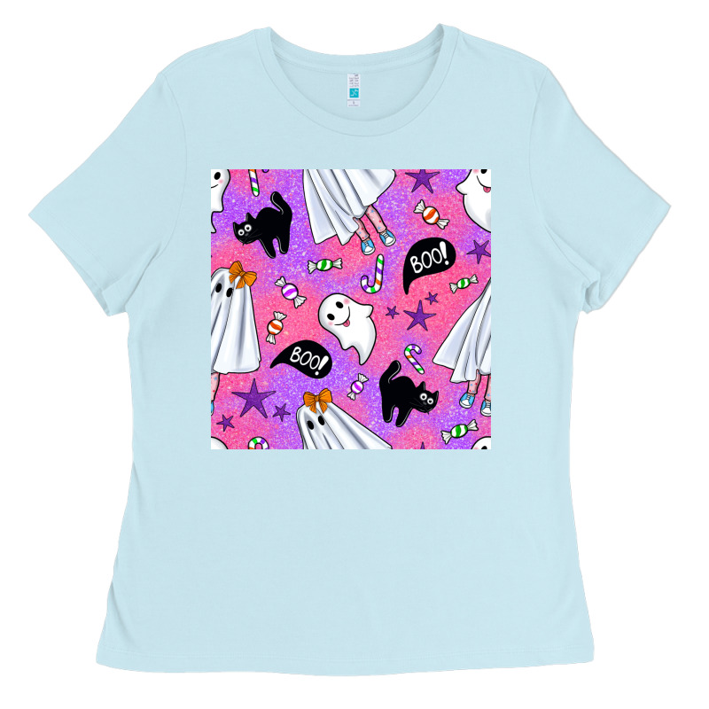 Cute Ghost Halloween Seamless Pattern Ladies Tee by BundleAndBundleShop | Teevron