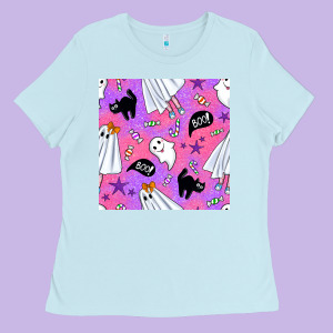 Cute Ghost Halloween Seamless Pattern Ladies Tee Designed By Bundleandbundleshop