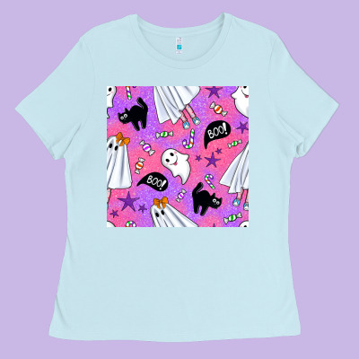 Cute Ghost Halloween Seamless Pattern Ladies Tee Designed By Bundleandbundleshop