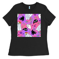 Black cute ghost halloween seamless pattern Ladies Tee - BundleAndBundleShop