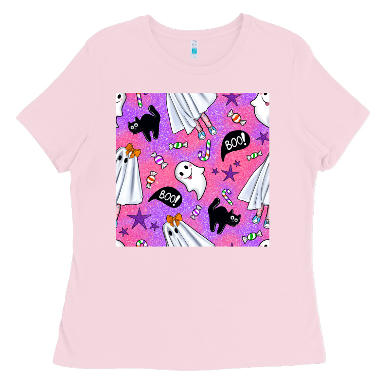 Cute Ghost Halloween Seamless Pattern Ladies Tee by BundleAndBundleShop | Teevron