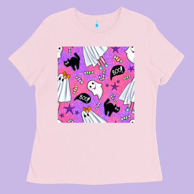 Cute Ghost Halloween Seamless Pattern Ladies Tee Designed By Bundleandbundleshop