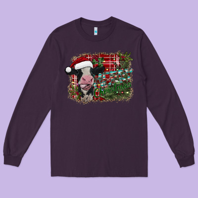 Merry Christmas Cow Long Sleeve Tee Designed By Cowhidedigitalart