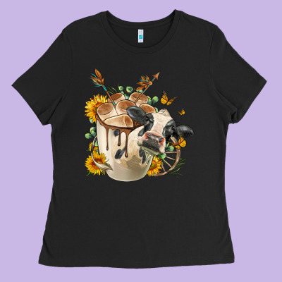 Black And White Cow Coffee Ladies Tee Designed By Fadigitalartstudio