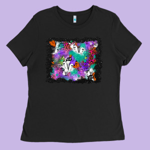 Halloween Ghost And Turquoise Glitter Background Ladies Tee Designed By Bundleandbundleshop