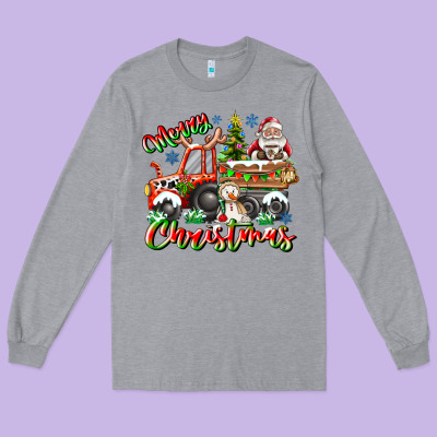 Merry Christmas  Tractor Long Sleeve Tee Designed By Cowhidedigitalart