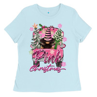 Baby Blue Pink Christmas Truck Gnome Ladies Tee - FaDigitalArtStudio
