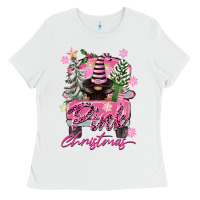 White Pink Christmas Truck Gnome Ladies Tee - FaDigitalArtStudio