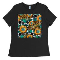 Black gemstone sunflower leopard seamless pattern Ladies Tee - BundleAndBundleShop
