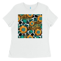 White gemstone sunflower leopard seamless pattern Ladies Tee - BundleAndBundleShop
