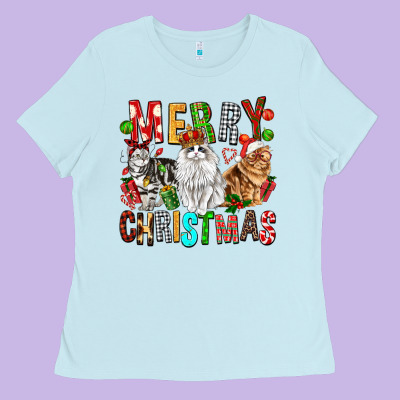 Merry Christmas Cats Ladies Tee Designed By Fadigitalartstudio