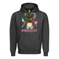 Charcoal Heather messy bun nurse life Zipper Hoodie - RanaPortraitStore