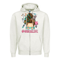 Oatmeal Heather messy bun nurse life Zipper Hoodie - RanaPortraitStore