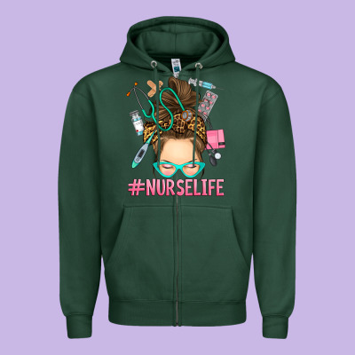 Messy Bun Nurse Life Zipper Hoodie Designed By Ranaportraitstore