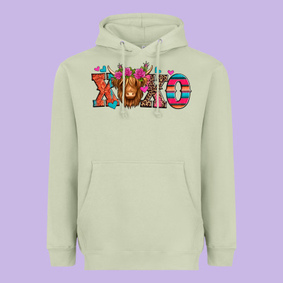 Xoxo Valentine's Day Highland Cow Heavyweight Hoodie Designed By Jasminsmagicworld