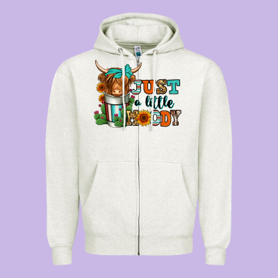 Just A Little Moody Coffee Cup Long Haired Cow Zipper Hoodie Designed By Jasminsmagicworld