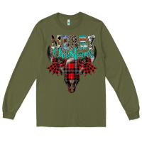 Army Green merry christmas bull skull Long Sleeve Tee - CowhideDigitalArt