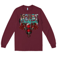 Burgundy merry christmas bull skull Long Sleeve Tee - CowhideDigitalArt