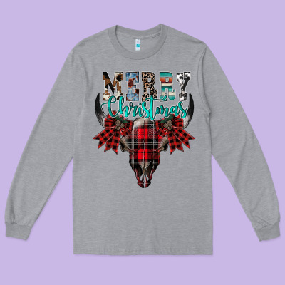 Merry Christmas Bull Skull Long Sleeve Tee Designed By Cowhidedigitalart