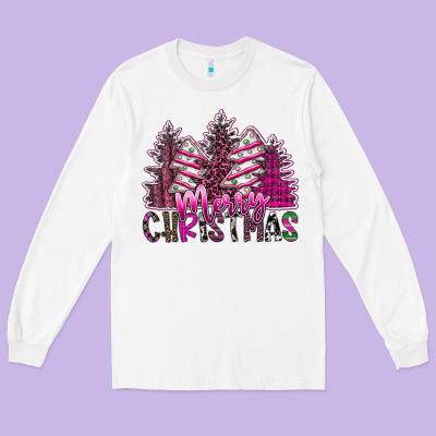 Merry Christmas Pink  Trees Long Sleeve Tee Designed By Cowhidedigitalart